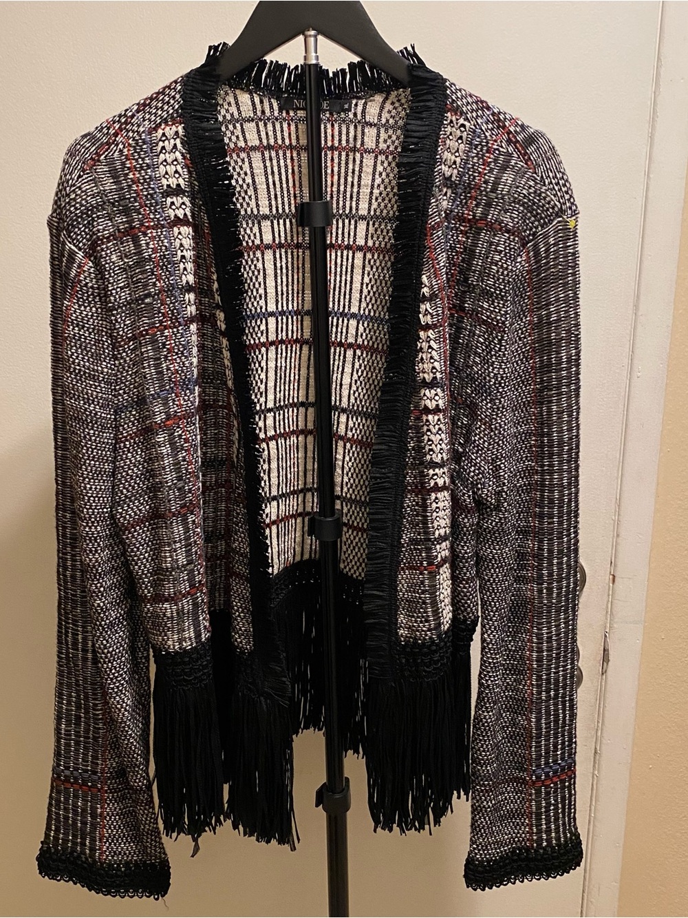 NIC+ZOE Plaid Fringe Open Front Knit Jacket Blazer Size XL